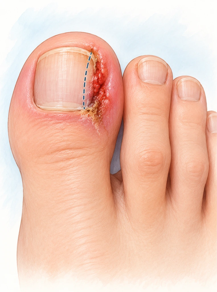 Medizinische Illustration eines Großzehs aus Patientenperspektive mit gerötetem, geschwollenem Nagelwall auf der Seite zu den kleineren Zehen.