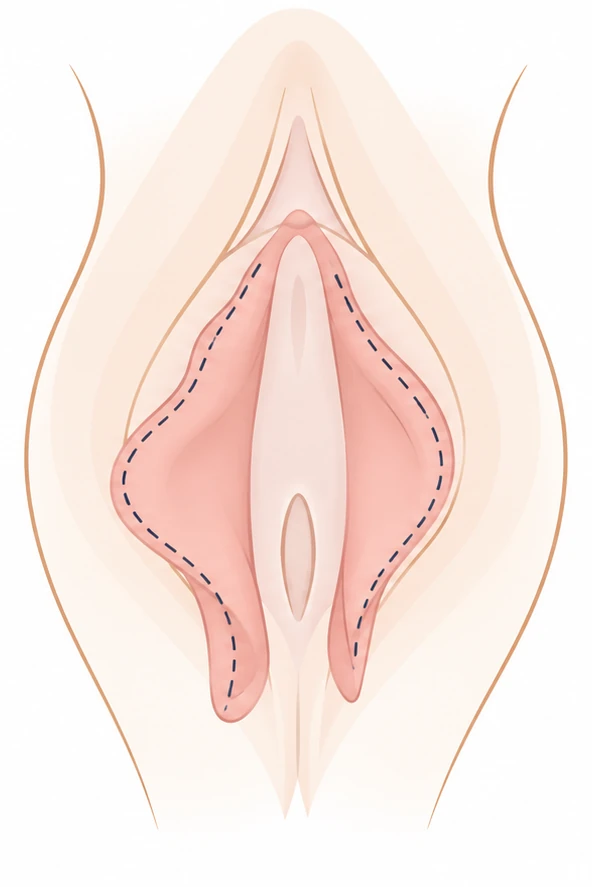 Dieselbe schematische Anatomie mit gestrichelter, individuell angepasster Schnittlinie entlang der Ränder der inneren Schamlippen.